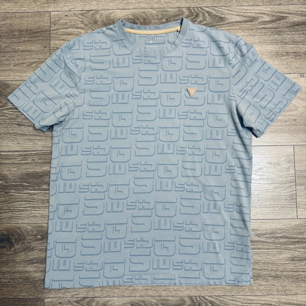 Guess Mens Active Nimbus T-Shirt XL Light Blue Logo Print Crew Neck Short Sleeve - Picture 2 of 12